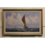 Vic Ellis (1921-1984), boat sailing off a coastline, oil on canvas, signed, 24.5cm by 34.5cm
