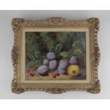 Attributed to Oliver Clare (1853-1927), plums, apple and raspberries, oil on canvas, indistinctly