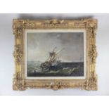 Maritime school, view of shipping off a coastline, oil on canvas, unsigned, 35cm by 44.5cm (a/f)