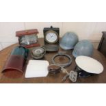 A collection of maritime items to include two Belgian Navy helmets Royal Navy cap, pulley block,