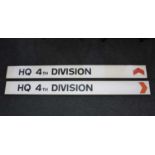 Two metal signs from Aldershot barracks HQ 4th Division 158cm