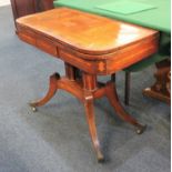 A 19th century inlaid card table, the rectangular crossbanded fold-over top with rounded corners
