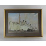 20th century school, passengers disembarking from a cruise liner onto a steam train, watercolour,
