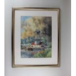 Louis van Staaten (1859-1924) boat moored before a windmill, watercolour, signed, 40cm by 30cm