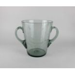 A 19th century large green glass two handled loving cup etched with a three-masted ship, rough