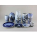 Three Royal Copenhagen porcelain vases and a commemorative plate, together with three Bing &