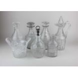 A glass decanter engraved with hops and barley, with silver mounted cork stopper, together with