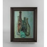 20th century school, still life of glass bottles, oil on board, unsigned, 34cm by 24cm