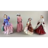 Four Royal Doulton figures of ladies comprising Paisley Shawl, Blithe Morning, The Ermine Coat and