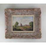 Harold Goldthwaite, landscape with windmill, oil on board, 19cm by 27cm, together with a 20th