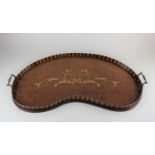 An Edwardian marquetry inlaid kidney shaped tray with floral centre and raised striped border and
