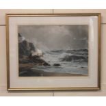 After Muller Brieghel, stormy coastal scene, tinted print, 37cm by 50cm