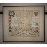 A 17th century coloured engraved map of Hantonia (Hampshire), in double sided glazed frame, 55cm