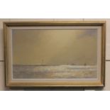 Vic Ellis (1921-1984), seascape with distant boats, oil on canvas, signed, 34cm by 59.5cm