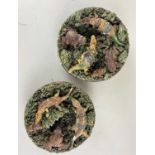 A pair of Portuguese Palissy style wall plates the green moss ground applied with toads and lizards,