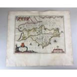 Johanus Blaeu, 17th century coloured engraved map of the Isle of Wight unframed with colour, 55cm by