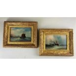 Maritime school, two oils on board depicting a paddle steamer and a boat sailing off a shoreline,