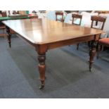 A Victorian mahogany extending dining table the rectangular top with moulded edge and rounded