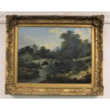 19th century school, mountainous lake landscape with torrent and stone bridge, oil on canvas,