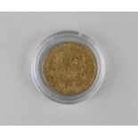 A George II gold guinea 1749 with a crowned quartered shield of arms, 8.2g.