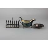 A George V silver sauce boat (a/f) with loop handle on three scrolled feet, maker Walker & Hall,