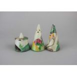 A Bizarre by Clarice Cliff hand painted condiment set comprising mustard pot and cone shaped salt