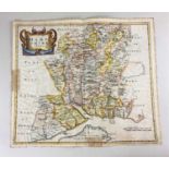 Robert Morden, 17th century engraved map of Hampshire unframed with good colour, 38cm by 44cm