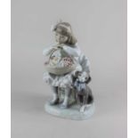 A Lladro porcelain model of a girl seated with a basket of flowers beside a puppy 22cm high