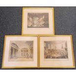 After Charles Augustus Pugin (1762-1832) and Thomas Rowlandson (1757-1827), three framed aquatints