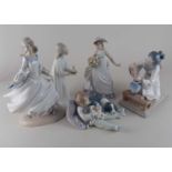 Five Lladro porcelain figures to include a geisha with a vase of flowers 20cm, and a child seated