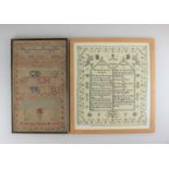 An early 19th century Ten Commandments sampler by Frances Light 1832 38cm by 33cm and a Victorian