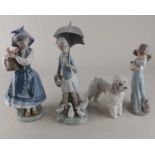 Four Lladro porcelain figures to include a white poodle 15cm and a girl holding a barrel of flowers