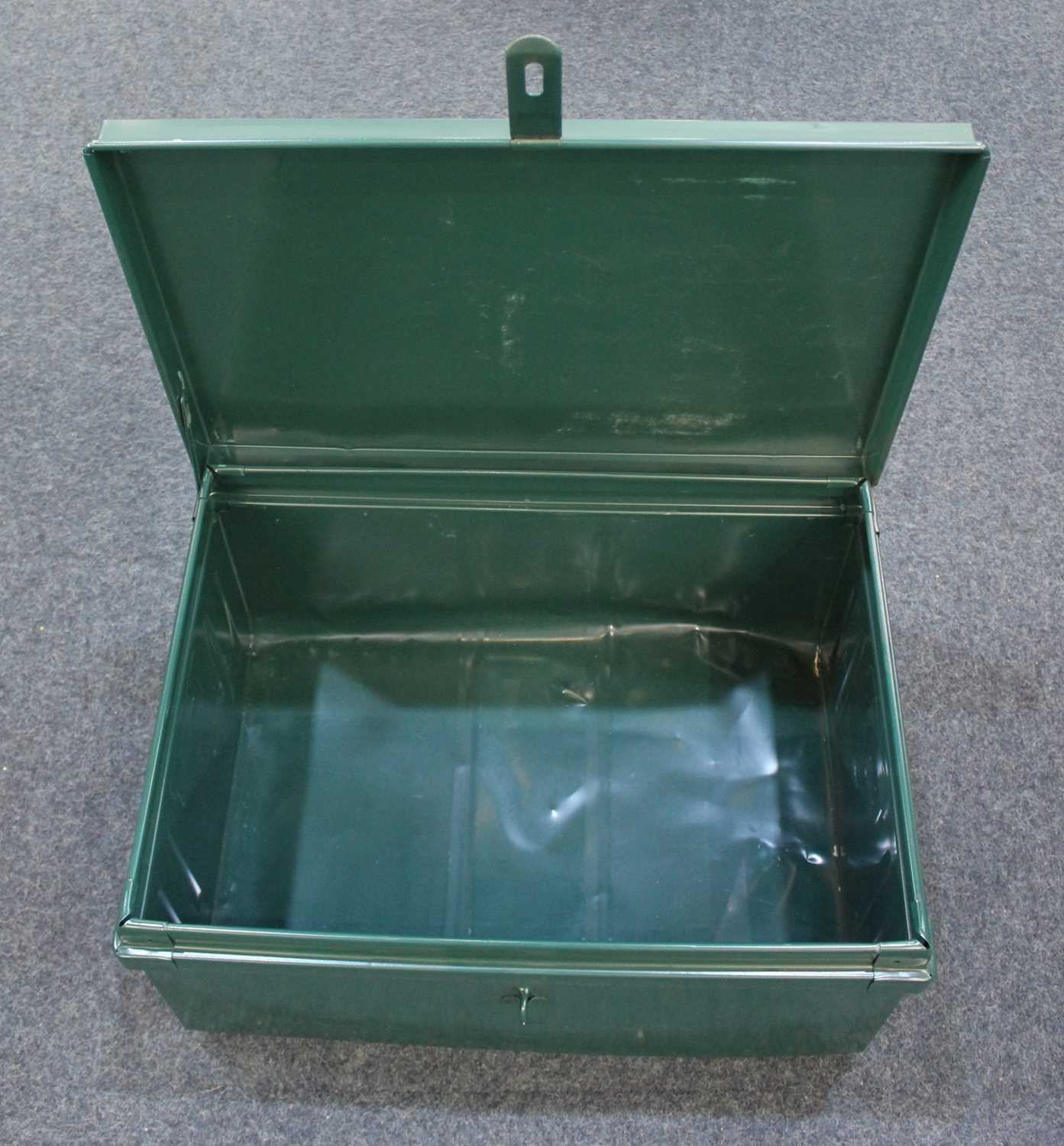 A green painted metal strongbox with side carry handles and painted initials to top, 57cm - Image 2 of 2