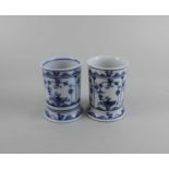 Two similar Caughley blue and white porcelain cylindrical vases, 9.5cm high (a/f - one possibly