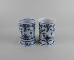 Two similar Caughley blue and white porcelain cylindrical vases, 9.5cm high (a/f - one possibly