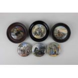 A collection of six paste pot lids, three framed, to include 'The wolf and the lamb' and 'Uncle