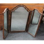 A stained wood three panel dressing table mirror 70cm high