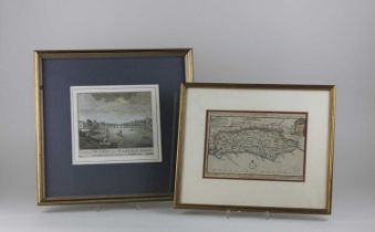A T.Kitchin 18th century map of Sussex with coloured boundary 15cm by 22cm and an18th century print,
