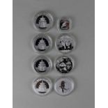 Six China silver proof Panda coins 2015-2010, 1oz, an Australian Kookaburra one dollar coin and a