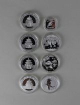 Six China silver proof Panda coins 2015-2010, 1oz, an Australian Kookaburra one dollar coin and a