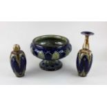 A Royal Doulton pedestal bowl with green and blue foliate decoration 16.5cm high, and a pair of