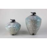 Tim Andrews (b1960) two Raku fired jars and covers, both with seal marks to the base, tallest approx