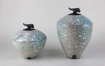 Tim Andrews (b1960) two Raku fired jars and covers, both with seal marks to the base, tallest approx