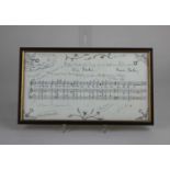 A framed music script for a musical birthday greeting to Nadia Boulanger written by Poulenc from a