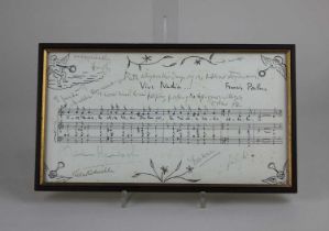 A framed music script for a musical birthday greeting to Nadia Boulanger written by Poulenc from a