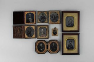A collection of daguerreotypes and ambrotypes, cased and part cased, to include a framed pair