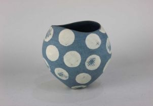 Carolyn Genders (b1957) a blue and cream vase with textured spotty surface, incised signature to