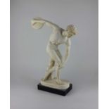 A composite statue of a nude Greek athlete 'Discobolo' on rectangular plinth base 48cm high