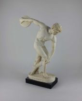 A composite statue of a nude Greek athlete 'Discobolo' on rectangular plinth base 48cm high