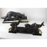 An Art Deco style bronzed metal model of three deer on onyx and marble base 53cm long, together with
